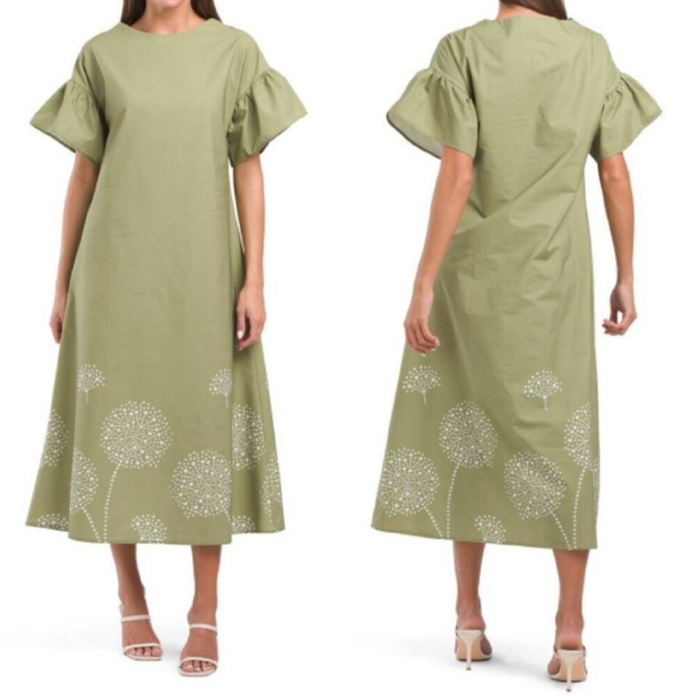 NWT Le Ragazze Size M Green Cotton Boho Lagenlook Comfy Cozy Dress Made In Italy